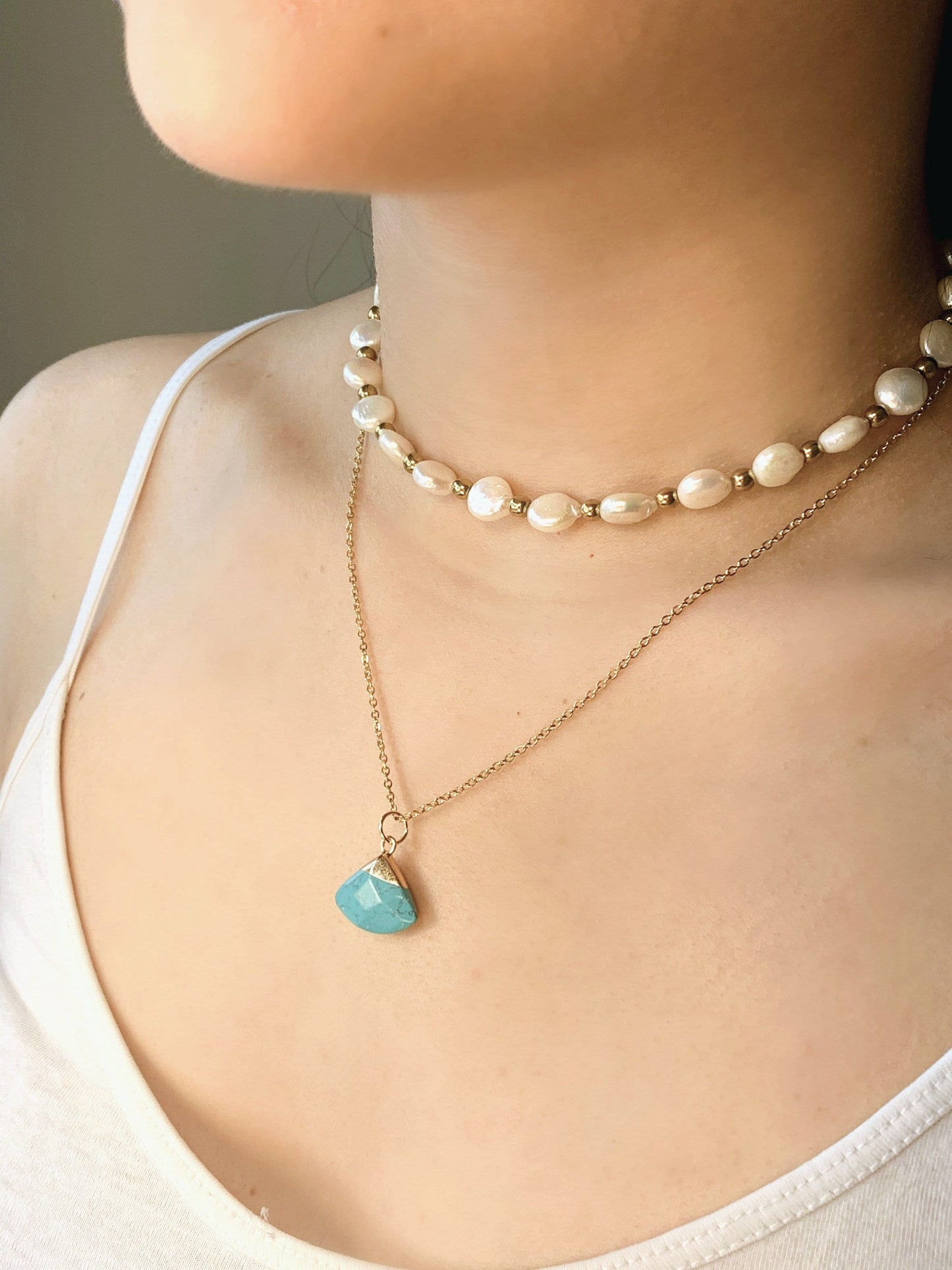 Pearl Chocker and Chain with Turquoise Pendant