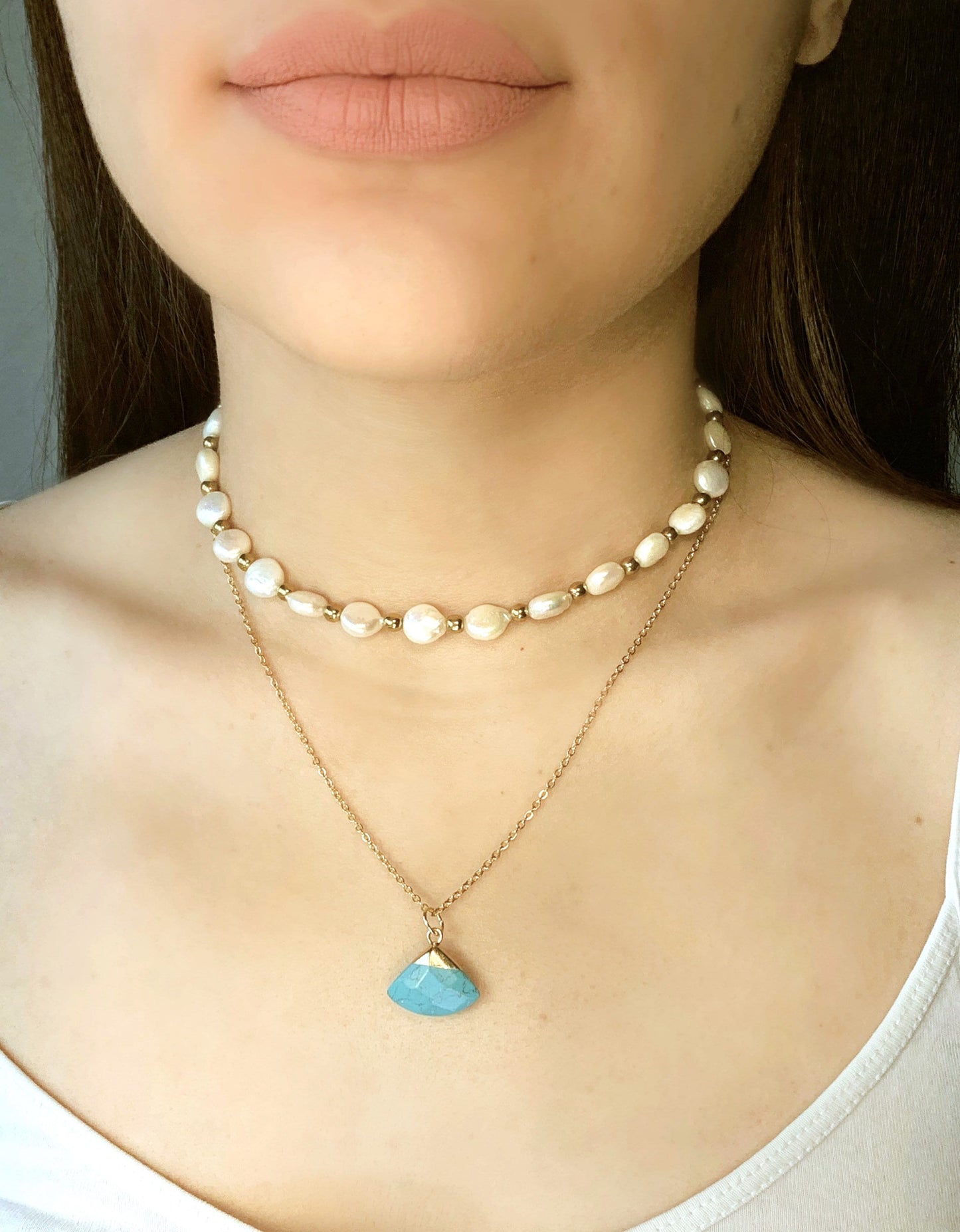 Pearl Chocker and Chain with Turquoise Pendant