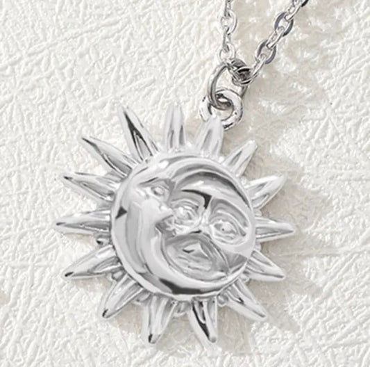 Silver Boho Sun and Moon Necklace